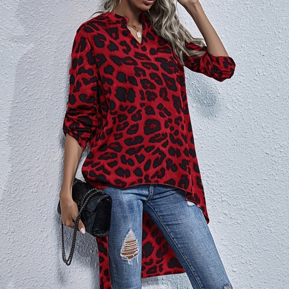 Khaki Black Leopard Animal Print High Low Tunic top - Picture 13 of 13